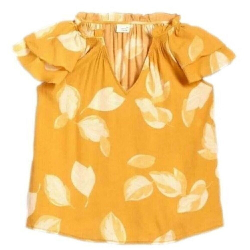A New Day NWT Womens XS Yellow White Leaf Print Flutter Sleeve V Neck Rayon Top - Picture 4 of 8